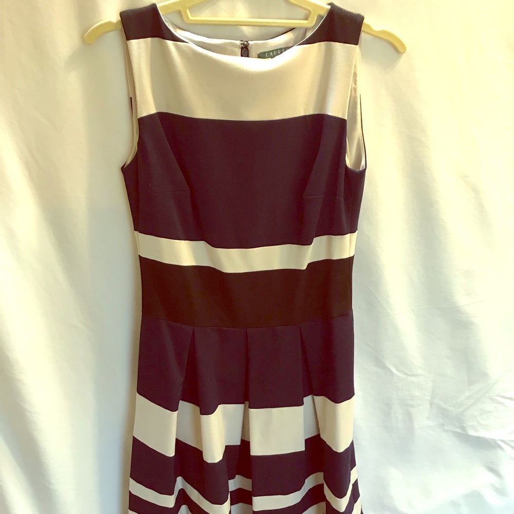 Black, blue, and tan sleeveless dress